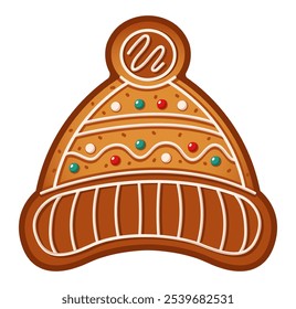 Gingerbread winter hat decorated with sweet glaze flat color vector object. Homemade cookie for Christmas celebration illustration on white