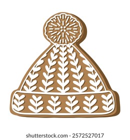 Gingerbread winter hat holiday cookie. Flat vector illustration in brown and white colors