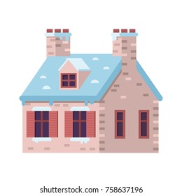 Gingerbread winter house with chimney icon. Stone farm home or snow cottage building in cartoon style. Rural english mansion in flat design.