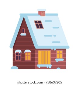 Gingerbread winter house with chimney icon. Wooden farm home or rural snow cottage building in cartoon style. Alpian chalet in flat design.