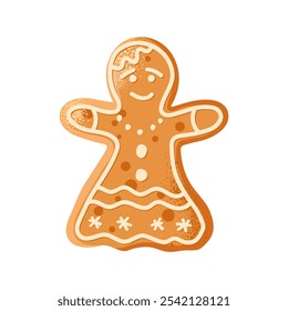 Gingerbread Woman cookie. Traditional Christmas baking with glaze drawing. Winter Holiday symbol, festive treats. Tasty homemade Christmas cookie. Vector isolated on white background. Sweet pastrie.