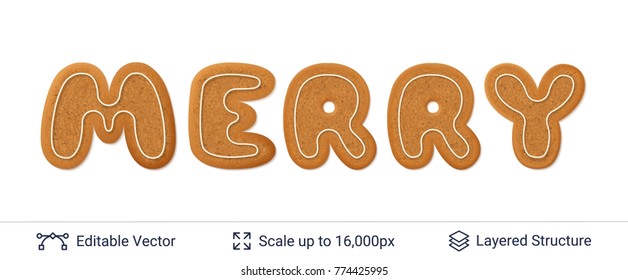 Gingerbread word MERRY isolated on white. Traditional Christmas cookies. Editable vector font element.