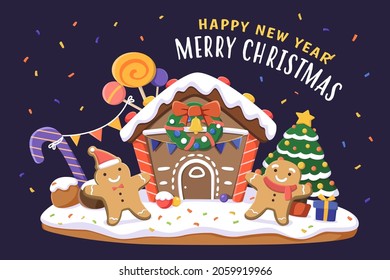 Gingerbread Xmas card design. Flat illustration of the house covered with snow made from cookies and sugar icing on dark blue background