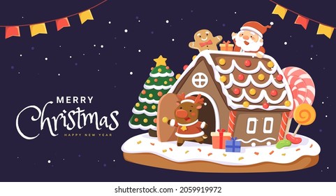 Gingerbread Xmas card design. Flat illustration of snow covered house with Santa and reindeer placed around on dark blue background