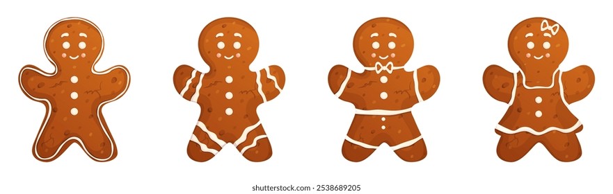 Gingerbread  xmas traditional bakery isolated on white. set. Happy holidays homemade pastry with frosting collection.