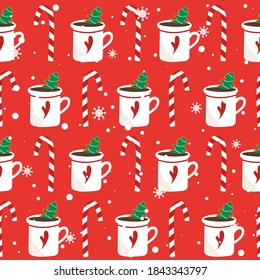 Gingerbreads, biscuits, cups of cocoa, candy canes, hand drawn overlapping background. Colorful seamless pattern vector, food. Decorative cute wallpaper, good for printing. Christmas fir trees, snow