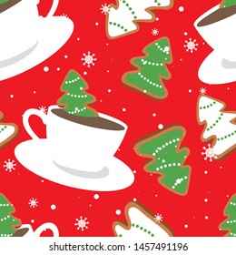 Gingerbreads, biscuits, cups of cocoa, hand drawn overlapping background. Colorful seamless pattern vector with food. Decorative cute wallpaper, good for printing. Christmas fir trees, snow