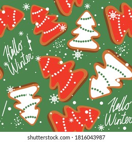 Gingerbreads, biscuits hand drawn overlapping background. Colorful seamless pattern vector with food. Decorative cute wallpaper, good for printing. Christmas trees, Happy New Year