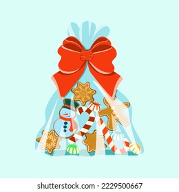 Gingerbreads and candies. Traditional flat Christmas and New Year elements. Vector illustration.