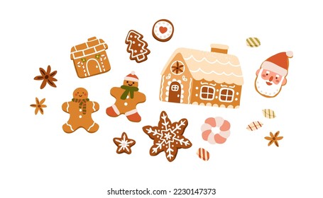 Gingerbreads, Christmas cookies set. Xmas ginger bread, biscuits of different shapes with sweet sugar glaze. Festive holiday dessert, bakery. Flat vector illustration isolated on white background