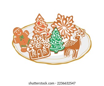 Gingerbreads, Christmas cookies set. Xmas ginger bread, biscuits different shapes with sweet sugar glaze. Festive holiday dessert, bakery. Flat vector illustration isolated on white background