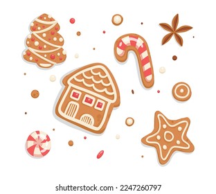 Gingerbreads, Christmas cookies set. Xmas ginger bread, biscuits of different shapes with sweet sugar glaze. Festive holiday dessert, bakery. Flat vector illustration isolated on white background.