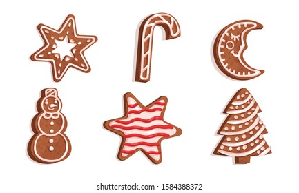 Gingerbreads Collection, Christmas Cookies of Different Shapes Vector Illustration