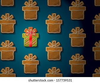 Gingerbreads in form of christmas gift with icing. Concept with group of holiday cookies. Vector illustration for new year's day, christmas, winter holiday, cooking, new year's eve, food, silvester