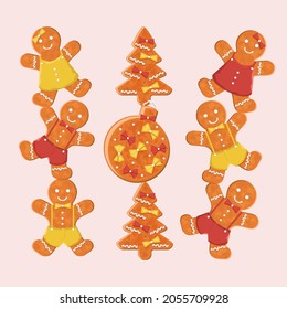 Gingerbreads mans and with gingerbread tree and christmas ball, sweet cookies. flat vector illustration.