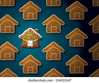 Gingerbreads in shape of christmas house with icing. Concept with group of holiday cookies. Vector image for new year's day, christmas, winter holiday, cooking, new year's eve, food, silvester, etc