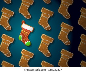 Gingerbreads in shape of christmas stocking with icing. Concept with group of holiday cookies. Vector image for new year's day, christmas, winter holiday, cooking, new year's eve, food, silvester, etc