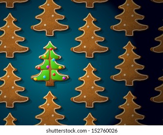 Gingerbreads in shape of christmas tree with icing. Concept with group of holiday cookies. Vector image for new year's day, christmas, winter holiday, cooking, new year's eve, food, silvester, etc