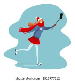Gingerhead girl in navy pullover and red skirt is  ice-skating and doing selfie with phone camera