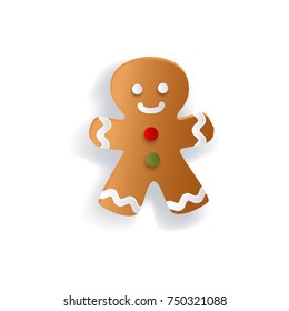 Gingerman decoration element for Christmas greeting cards, flat vector illustration isolated on white background, 3d paper cutout design. Flat gingerman, gingerbread Christmas decoration element