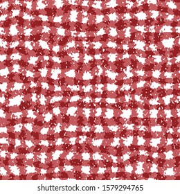 Gingham carpet texture like an old grandma rug in red and white. Dots resembling latch hook yarn design. Seamless repeat vector pattern swatch.