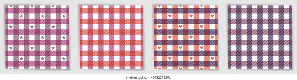 Gingham check endless pattern set. Classic flannel tartan checkered fabric print collection with stars and hearts. Gingham check square ornaments for kilt or skirt textile print.