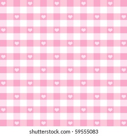 Gingham Check and Hearts seamless pattern, pastel pink and white for baby albums, scrapbooks, arts, crafts, fabrics. EPS includes pattern swatch that will seamlessly fill any shape.