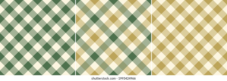 Gingham check pattern for autumn design in green and gold. Seamless vichy classic plaid background graphic for flannel shirt, skirt, trousers, blanket, other modern fashion fabric print. Flat design.