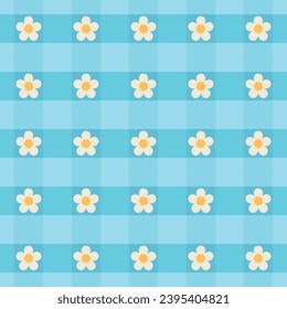 Gingham check pattern in blue color with daisies for tablecloth, gift paper, napkin, blanket. Seamless repeat check vector for modern spring summer fashion textile print.