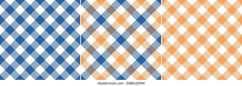 Gingham check pattern in blue, orange, white. Seamless herringbone simple vichy set for dress, shirt, skirt, jacket, napkin, handkerchief, gift paper, other spring summer autumn winter textile print.
