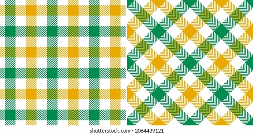 Patrón de comprobación de Gingham en verde brillante, amarillo, blanco. El hueso de arenque texturado transforma el vector de plaqueta de corte geométrico para el vestido de verano de primavera, la camisa, la falda, otra huella textil moderna.