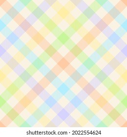 Gingham check pattern in colorful pastel blue, orange, purple, yellow, green, beige. Seamless vichy tartan plaid graphic vector for tablecloth, picnic blanket, oilcloth, other spring summer textile.
