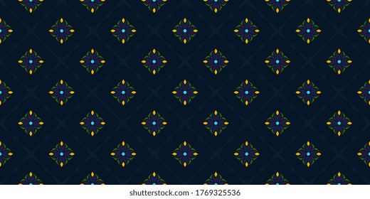 Gingham check pattern ditzy floral motif simple geometry peacock feather seamless design. Indian style small flowers violet royal blue yellow green colors all over print block for textile, shop window