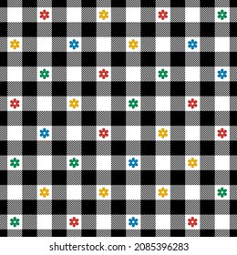 Gingham check pattern with flowers for spring summer in black, red, blue, green, yellow, white. Seamless floral vichy graphic for dress, picnic blanket, gift paper, other modern textile design.