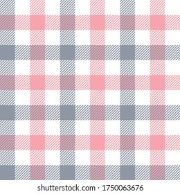 Gingham check pattern in grey, pink, white. Seamless vichy check plaid graphic for tablecloth, wrapping, packaging, or other modern summer fabric design.