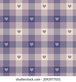 Gingham check pattern with hearts for Valentines Day prints. Seamless vichy check tartan in lilac purple and beige for dress, jacket, skirt, scarf, other spring summer autumn winter design.