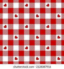 Patrón de chequeo de Gingham con corazones para San Valentín en rojo y blanco. Tartán vichy sin inconveniente para vestir, chaqueta, falda, pañuelo, papel de regalo, otras modernas estampadas de tela de moda de invierno de primavera.