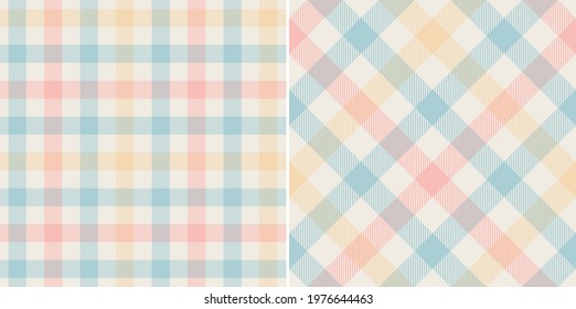 Gingham check pattern multicolored print in pink, blue, yellow, off white. Light pastel vichy graphic for gift paper, tablecloth, oilcloth, picnic blanket, other modern spring summer fabric design.