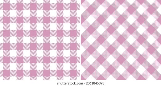 Gingham check pattern in pink and white. Herringbone textured seamless geometric tartan vichy plaid vector background for spring summer dress, shirt, tablecloth, other modern fashion textile print.
