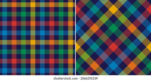 Patrón de chequeo de Gingham impreso en azul marino oscuro colorido, rojo, verde, amarillo. El hueso de arenque texturaba el pequeño tartán vichy para vestir, falda, chaqueta, camisa de flanco, otros modernos tejidos de invierno otoñales.