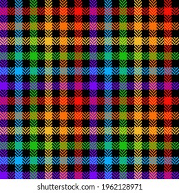 Gingham check pattern rainbow herringbone. Seamless colorful dark bright neon vichy buffalo tartan plaid in black, purple, blue, green, orange, red, yellow for modern autumn winter fabric design.