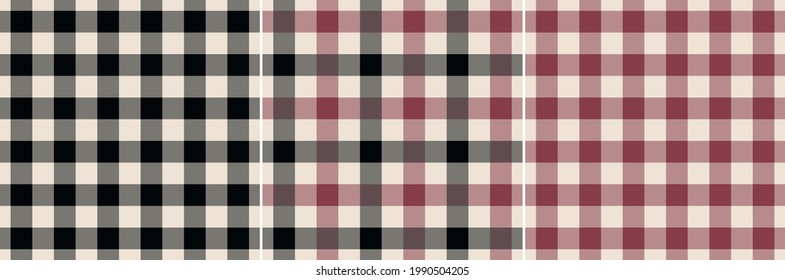 Patrón de chequeo de Gingham establecido en negro, rosa rojo, blanco roto. Sensación de ropa, falda, pantalones, otras formas modernas de impresión textil. Diseño clásico de verificación de búfalos.