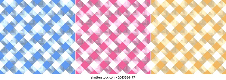 Gingham check pattern set in bright pink, blue, yellow, white. Seamless herringbone textured vichy tartan vector background for dress, skirt, napkin, other modern spring summer fashion fabric print.