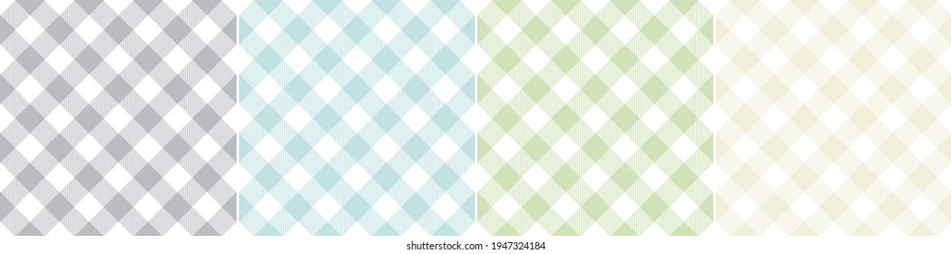 Gingham check pattern set in nature colors grey, green, blue, white. Vichy seamless spring summer vector for tablecloth, oilcloth, picnic blanket, other modern fashion or home fabric print.