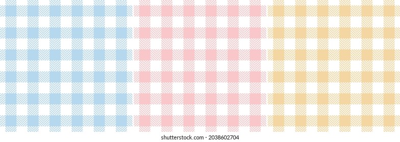 Gingham check pattern set for spring summer in pastel blue, pink, yellow, white for Easter designs. Seamless herringbone vichy tartan check plaid for dress, gift paper, other modern textile prints.