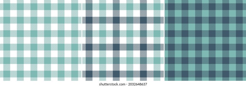 Gingham check pattern set in turquoise blue green and white. Seamless vichy graphic background for spring summer picnic blanket, tablecloth, towel, handkerchief, other modern fashion textile print.