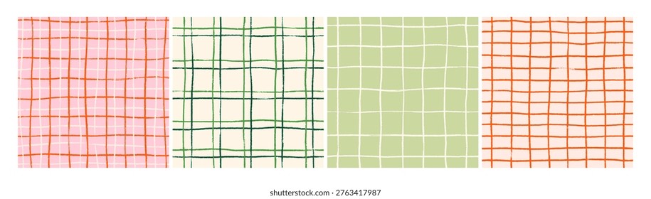 Gingham check patterns set. Checkered plaid backgrounds, seamless endless repeating prints. Abstract drawn geometric lines, tartan and chequered textures for cloth design. Flat vector illustrations