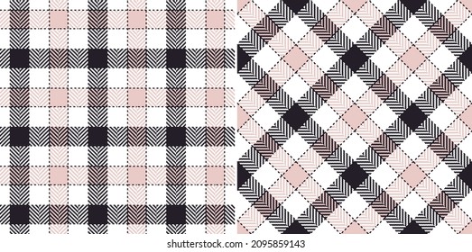 Gingham check plaid pattern in black, pale pink, white. Seamless herringbone textured stitched vichy tartan plaid for dress, jacket, skirt, shirt, other modern spring summer autumn winter textile.