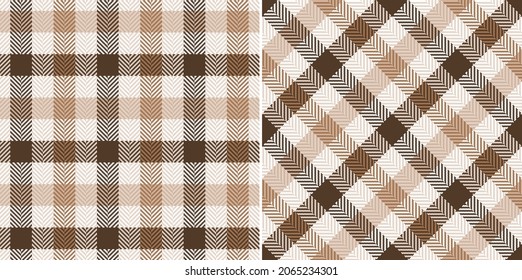 Gingham check plaid pattern in brown and beige. Herringbone textured simple tartan check illustration for dress, trousers, skirt, jacket, flannel shirt, other modern autumn winter fashion textile.