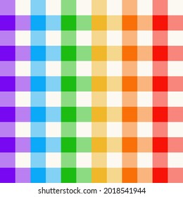 Gingham check plaid pattern in colorful rainbow colors. Seamless vichy graphic in purple, blue, green, red, orange, yellow, white for handkerchief, napkin, picnic blanket, gift paper, other textile.